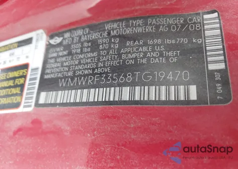 2008 Mini Cooper из США, поврежденный, VIN WMWRF33568TG19470